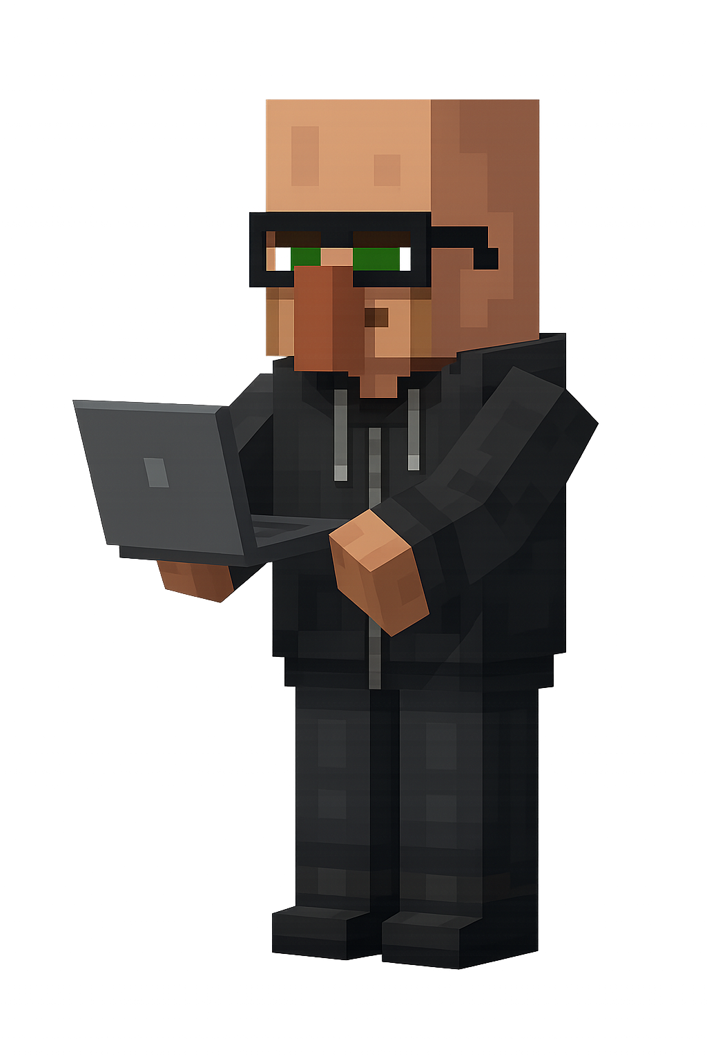 Pixel art of a Minecraft-style Villager holding a laptop